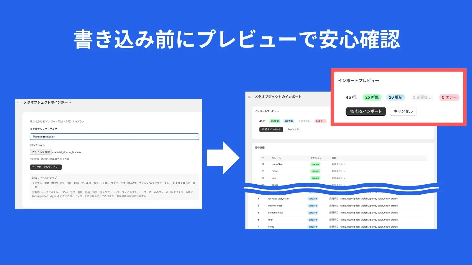 ドライランプレビュー — 書き込む前に新規・更新・エラーを表示